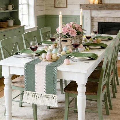 72" Sage Green Table Runner, Boho Woven Cotton with Tassels, Wedding - color: Sage Green, size: 72 inches
