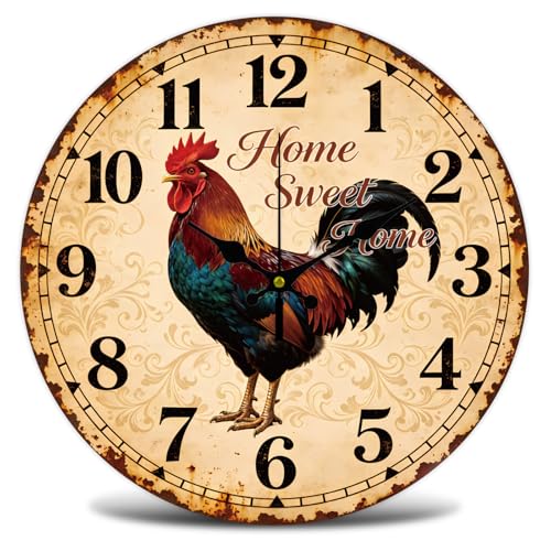 Retro Rooster Wall Clock Silent Non-Ticking 12" for Living Room Decor | 1 AA Battery Operated (not Included); Easy to Read; Keep Accurate Time; Vintage Rustic; Kitchen Bedroom Indoor Use - color: Rooster