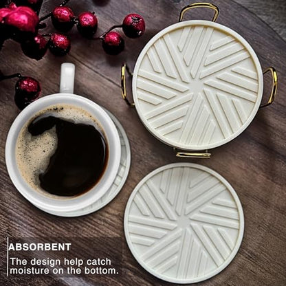 Silicone Coasters Set of 6 with Gold Holder and Modern smart Pattern, Protection for Coffee Table - Ivory - color: Neutral Ivory