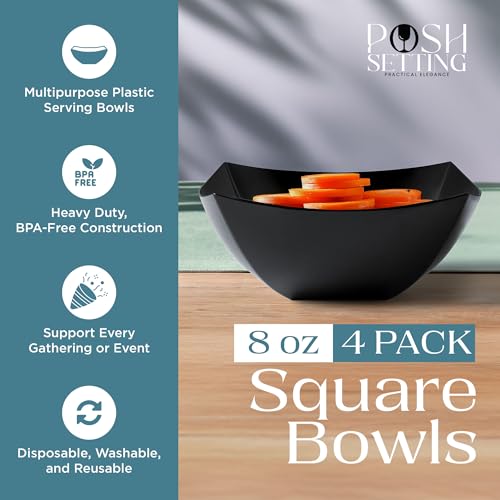 4 Pack Disposable Black Plastic Serving Bowls Square Party Candy Use 8oz | Square Design. Disposable Party Tableware. Salad, Fruit & Candy Use. Candy Buffet Containers. Black Plastic. - color: Black, size: 8 OUNCE