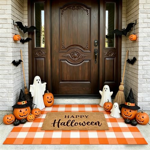 SEEKSEE Happy Halloween Doormat Set, Thick Coco Coir Door Mat + Orange and White Buffalo Plaid Rug, Outdoor Layered Mat for Front Door Non-Slip Backing Floor Mat for Porch - color: Happy Halloween - Orange White Plaid, size: 3' x 5' (Rectangular)