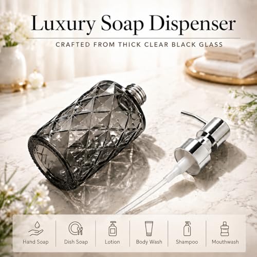 LGURT 12oz Black Glass Soap Dispenser, Stainless Steel Non-Drip Pump | Diamond-cut prism finish like crystal. Semi-transparent black glass. For kitchen, bathroom, powder room countertops. - color: Clear Black