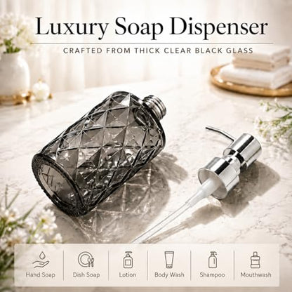LGURT 12oz Black Glass Soap Dispenser, Stainless Steel Non-Drip Pump | Diamond-cut prism finish like crystal. Semi-transparent black glass. For kitchen, bathroom, powder room countertops. - color: Clear Black
