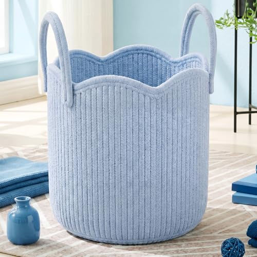 Blue Scalloped Woven Blanket Basket 12" x 12" x 12" Cotton Rope Laundry Basket Hamper Cute Round Decorative Storage Bin with Handles for Baby Nursery Living Room Bedroom Bathroom - color: Blue