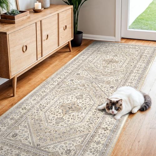 2x7 Washable Hallway Runner Rug - Non-Slip Vintage Kitchen Rugs Beige Gray | Low Pile Thin Long Carpet for Entryway Soft Pet-Friendly Indoor Floor Mat for Bedroom Bathroom Laundry Home Decor - color: Beige/Gray, size: 2' x 7' (Rectangular)