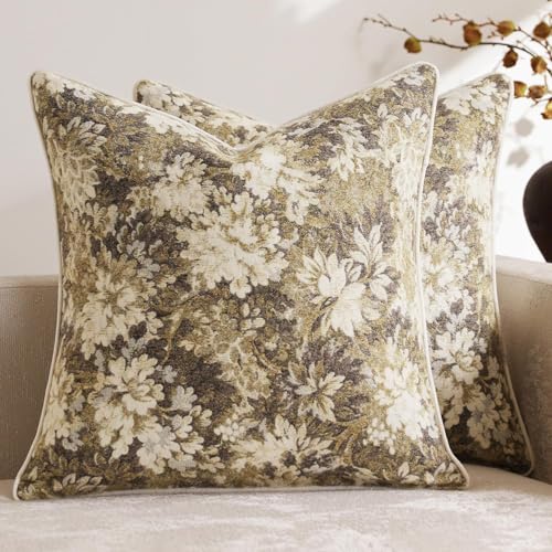 Pack of 2 Vintage Floral Throw Pillow Covers 22x22 Boho Farmhouse Accents Chenille Square Decorative Pillow Cases for Living Room Couch Bed Home Decor, Beige - color: Beige, size: 22" x 22" (Pack of 2)
