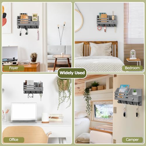 Key Holder Wall Mount, Wooden Key and Mail Organizer, Gray | 2 Mount Options, Includes 8 Hooks, Fence Mail Slot, Small Drawer and Shelf, for Entryway, Hallway, Doorway, Living Room, RV - color: Gray