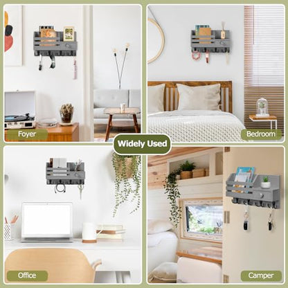 Key Holder Wall Mount, Wooden Key and Mail Organizer, Gray | 2 Mount Options, Includes 8 Hooks, Fence Mail Slot, Small Drawer and Shelf, for Entryway, Hallway, Doorway, Living Room, RV - color: Gray