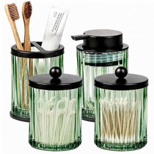 Amolliar Bathroom Accessories Set, Green Glass Complete 4PCS Bathroom Sets | Lotion Soap Dispenser, Toothbrush Holder, 2 Qtip Holders, Elegant Bathroom Decor for Countertop, Vanity, Storage Organizers - size: Green