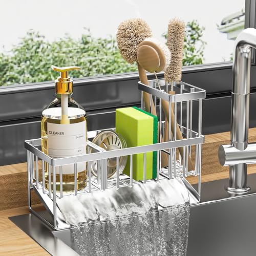 Cisily Sink Caddy Sponge Holder for Kitchen, 304 Stainless Steel Rustproof, Kitchen Sink Caddy with High Brush Holder, Dish Sponge Organizer with Divider(Silver) - color: Silver, size: 9.25″