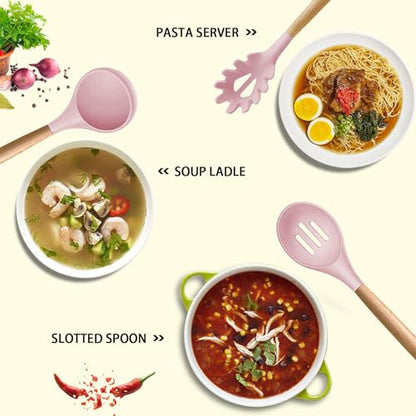 MIBOTE Silicone Cooking Kitchen Utensils Set, Wooden Handle, Pinky | BPA-Free, Non-Toxic Silicone Turner, Tongs, Spatula, Spoon Set – Great for Nonstick Cookware, Heat-Resistant, Easy Clean - color: Pinky