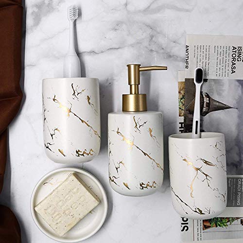 Cream Bathroom Accessories Set Complete, 4 Pcs Ceramic Bathroom Decorations Accessories Sets Includes Lotion Dispenser, 2 Tumblers and Soap Dish for Bath Decor, Countertop Vanity Organize