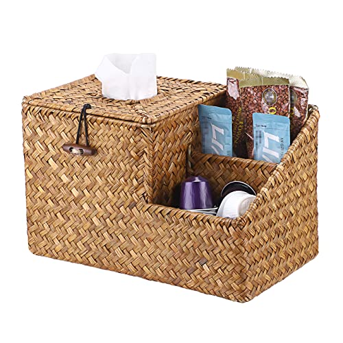 Sumnacon Square Woven Tissue Box Cover - Decorative Cube Tissue Box Holder with Side Organizer, Rustic Seagrass Tissue Box for Living Room Vanity Night Stand Table Countertop Office,Caramel - color: Caramel