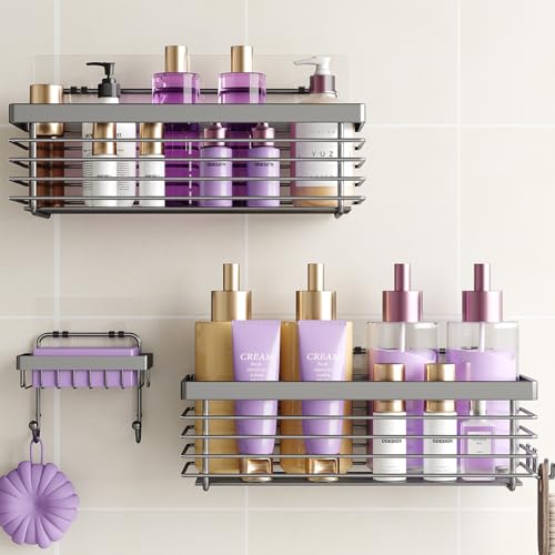 Shower Caddy Adhesive 3 Pack Stainless Steel Storage Organizers-Grey | No drilling wall mounted,rust-resistant,large capacity,quick drainage,easy to clean,suitable for bathrooms and kitchens - color: Grey