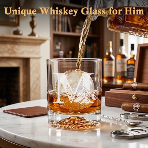 Personalized Whiskey Glass Gift Set for Men – Monogrammed Initial Rocks Glass with Slate Coaster, Wooden Box & Whiskey Stones, Birthday Father's Day for Him Dad Husband (M) - style: M