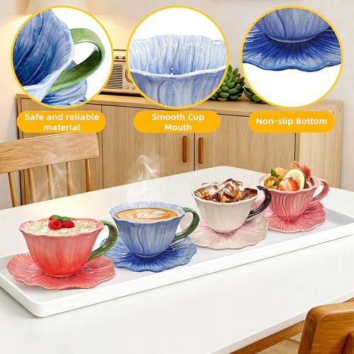 10 oz Tea Cups and Saucers, Ceramic Flower-shaped Cappuccino Cup, Latte Cup and Saucer set, elegant floral Espresso Cup set, Suitable for microwave and dishwasher-Blue - color: Blue