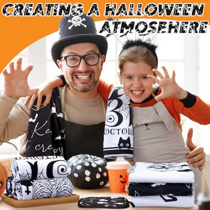 12 Pcs Halloween Kitchen Towels and Oven Mitt Sets 4 Skeleton Oven Mitts 4 Ghost Dish Towels and 4 Witch's Pot Holders Cooking Accessories for Holiday Kitchen Decoration - style: Skeleton