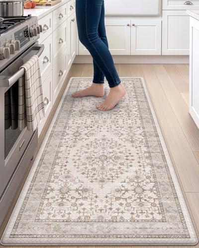 DEXI Kitchen Floor Mats Cushioned Anti Fatigue Runner Rug, 23x59 | Beige/White Soft Comfort Memory Foam, Easy Care, Waterproof, Standing Padded for Front Sink Laundry Office Farmhouse - color: Beige/White, size: 59"L x 23"W x 0.4"Th