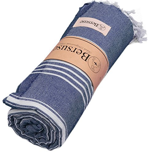 Bersuse Towels Anatolia XL Beach Blanket Throw Blanket Turkish Towel 100% Cotton Extra-Large Quick-Dry Lightweight Premium Peshtemal Towel - 61x82 Inches, Dark Blue - color: Dark Blue