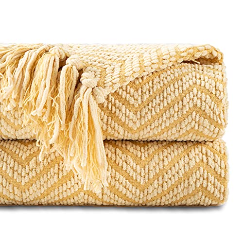 BATTILO HOME Gold Throw Blanket for Couch, Knit Yellow Throw Versatile for Chair, Super Soft Warm Mustard Throw Blanket with Tassels for Twin Bed, Sofa and Living Room, 60"x80" - color: Gold, size: 60"x80"