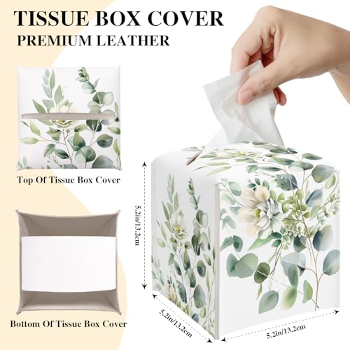 Leaves and Flowers Tissue Box Cover, Watercolor Green Tissue Holder - color: Leaves-1