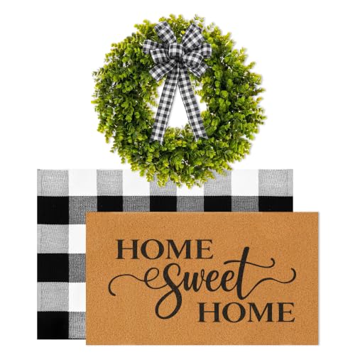 Door Mat Wreath Set, 3 Pcs, for Porch, 29.9 Inch, Buffalo | Plaid Home Sweet Farmhouse Faux Coir Doormat Layering Rug 19" Greenery Outside Decor - color: Home Sweet Home Check