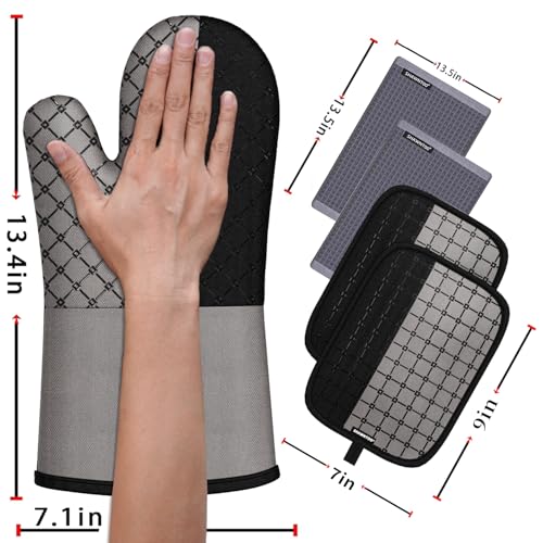 Oven Mitts and Pot Holders Sets 6pcs, Kitchen Oven Glove,High Heat Resistant 550 Degree Extra Long Oven Mitts and Potholders with Non-Slip Silicone Surface for Home Essentials (Grey) (Gray 2) - color: Gray 2