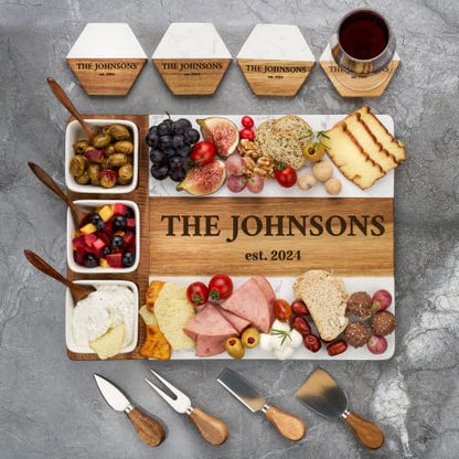 AWESOMETIK Personalized Corporate Gift, Client Gifts, Acacia Wood & Marble Charcuterie Board – Engraved Cheese Board Set – Realtor Closing, Employee Appreciation, Custom Company Gifts, Thank you Gifts