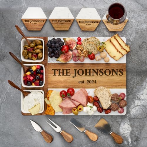 AWESOMETIK Custom Acacia Wood & Marble Charcuterie Board – Personalized Engraved Cheese Board with Knife Set – Perfect Wedding & Housewarming Gift
