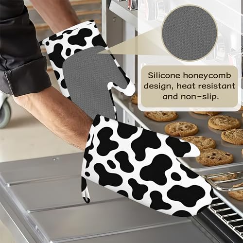 Cow Print Oven Mitts and Pot Holders Set of 4, Heat Resistant Non Slip Kitchen Gloves Hot Pads, Chef Cooking Baking Gifts for Women Bakers, Kitchen Gifts for Cooking Lover Cooks Mom - color: Cow Print