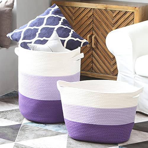 Sea Team Large Woven Cotton Rope Laundry Basket with Lid, 20 x 16 in | Collapsible Knitted Hamper with Handles, Lidded Closet Shelf Organizers for Clothing, Blankets, Toys, Bedding, Lavender - color: White & Lavender