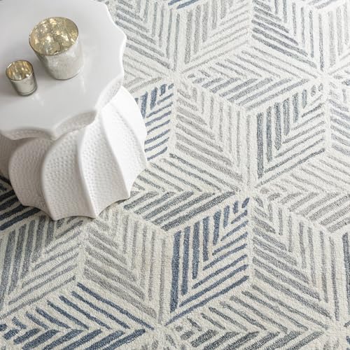 Dash & Albert Karari Blue Geometric Hand Hooked Wool Rug, 4'x6' | Hand Hooked Wool Rug, , Geometric Pattern - color: Blue, size: 4' x 6' (Rectangular)