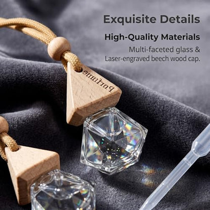 2-Pack Rhombus Refillable Hanging Car Diffuser Empty Glass Bottle | Wood cap hanging aroma pendant with dropper, holds essential oils for car home closet office - size: Rhombus - 2PCS