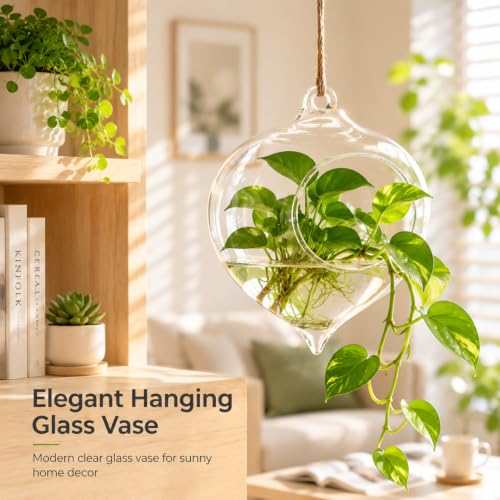 Hanging Glass Planter, 3.7x4.7in Teardrop Rope Terrarium, Transparent Hydroponic Vase for Indoor Herb Garden, Easy to Hang Air Plant Holder, Home Decoration