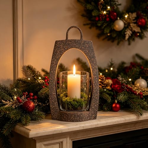 15" Twakutwaku Versatile Farmhouse Arch Metal Lantern in Rustic Brown with Handmade Thick Glass Candle Holder for Pillars & Plants, Hurricane Lantern, Glass Candlestick Holder, Glass Vase, Garden - color: Rustic Brown, size: 8"x15"