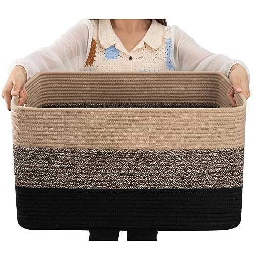 OIAHOMY Blanket Basket Laundry Basket Dog Toy Basket 75L Yellow Black | Large Storage Basket,Baby Basket,Toy Storage,Woven Rope Basket for Blankets,Blanket Storage for Living Room - color: Yellow Black, size: 22”x17”x12”