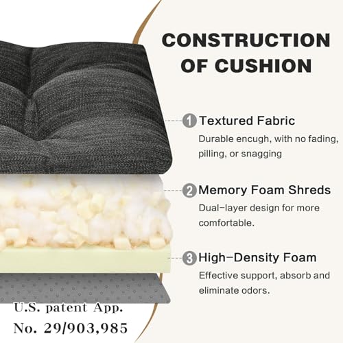 baibu Patented Dual-Layer Rocking Chair Cushion Set, 19.5 x 19.5 in, Black | Two-piece memory foam seat and back cushion set with secure ties and a non-slip bottom for indoor rocking chairs. - color: Black