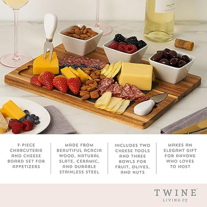 Twine Acacia & Slate Cheese Board Set - Charcuterie Board Bowls and Knives - Slate Cheese Tray Wood Cheese Board - 7-Piece Set of 1, Brown - style: Acacia & Slate Cheese Board