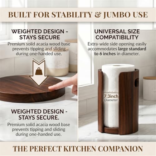 Wooden Paper Towel Holder Countertop, Weighted Base Acacia Wooden Kitchen roll rack with splash guard, and non-slip design, One-Hand Tear Design, Farmhouse Paper Towel Stand for Kitchen, Apartment, RV