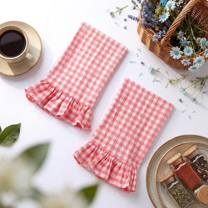 HunnmingRe Watermelon Pink Kitchen Towels Set of 2, 100% Cotton Ruffled Gingham Dish Towels 18"x28" Tea Cloths Classic Plaid Pattern for Farmhouse Charm, Drying Dishes, Entertaining Guests - color: Watermelon Pink, style: Gingham