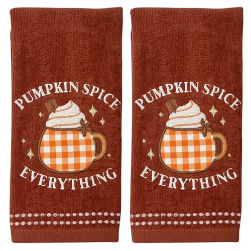 Autumn Fall Bath Fingertip Towels Bathroom Decor Farmhouse Harvest: Rust Dark Orange 100% Cotton Embroidered Pumpkin Spice Everything with Stitched Border, 12" x 18", 2 Pc Set - color: Spice Everything