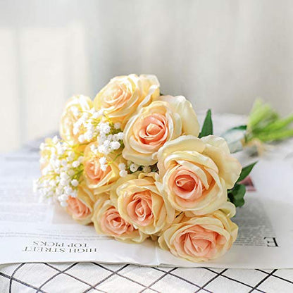 Tifuly Champagne Roses Artificial Flowers - 12 pcs Realistic Single Long Stem Fake Silk Roses Bouquet for Party Home Wedding Centerpiece Office DIY Decor | 12 pcs Realistic Single Long Stem Fake Silk Roses Bouquet for Party Home Wedding Centerpiece Office
