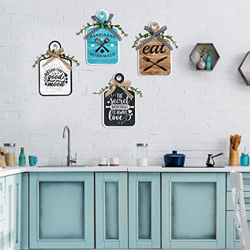 4 Pcs Wooden Kitchen Sign Rustic Kitchen Wall Decor | 3.5 x 5.9 Inch, Farmhouse Cutting Board Eat Sign Decor, Wood Wall Art Hanging Plaques for Home Dining Living Room Cafe