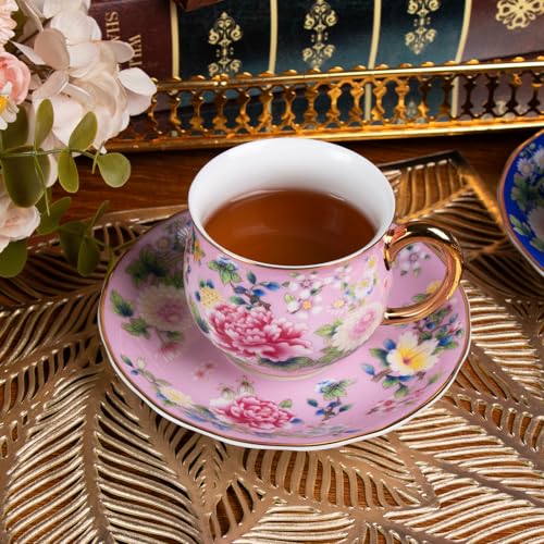 KAMMAK Tea Cup and Saucer, Ceramic Coffee Cups, 7.1 oz, Set of 2 | Porcelain Tea Cups with Saucers for Coffee and Cappuccino, Ideal for Breakfast, Afternoon Tea and Entertaining,939+943N - style: 939N+943N