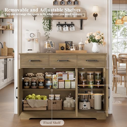 HOSTACK Kitchen Buffet Cabinet with Storage, Sideboard Coffee Bar, Brown | Farmhouse Kitchen Storage Cabinet with 3 Drawers & Adjustable Shelf, 42.5"W Buffet Table for Dining Living Room - color: Rustic Brown
