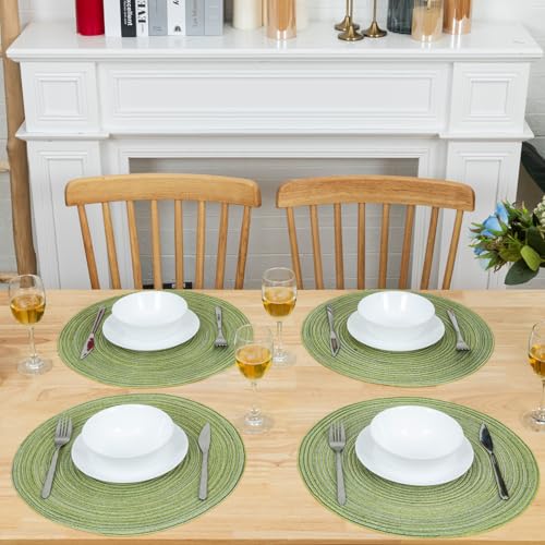 Winknowl Round Braided Placemats Set of 6 Washable Woven Heat Resistant Table Mats for Kitchen Dining Tables 15 inch Round Place Mats (Pea Green,6) - color: Pea Green, size: 6pcs