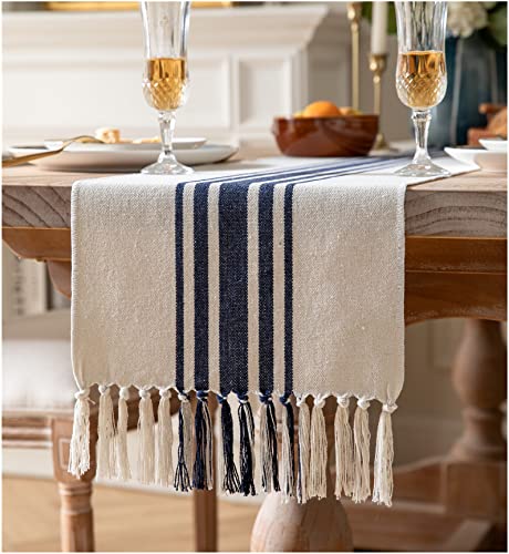 Boho Table Runner for Modern Farmhouse Decor, Dining Table décor 13 x 90 Inch Long with Handcrafted Tassels, Navy Blue and Beige Stripe Table Runner for Home Boho décor - color: Navy Blue Beige, size: 13x90Inch