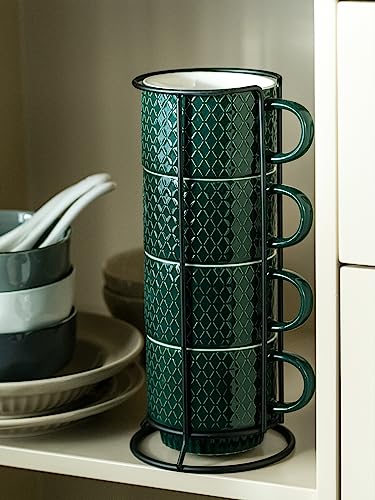 LYEOBOH Coffee Mug Set Porcelain Stackable Coffee Mugs with Stand and Spoons, 13 OZ. Cappuccino Cup Demitasse Cups for Drinks, Espresso, Latte,Set of 4, Dark Green - color: Dark Green