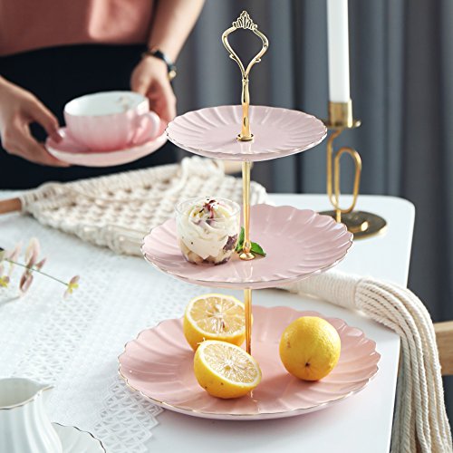 Sweejar 3 Tier Ceramic Cake Stand Wedding, Dessert Cupcake Stand for Tea Party Serving Platter (Pink) - color: Pink