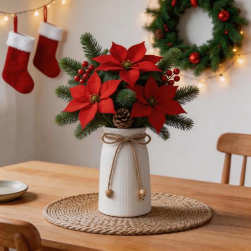 Rustic 6-Inch Ceramic Vase with Jute Rope & Wood Ball Charm for Home Décor, White Flower Vase for Table Centerpieces and Gifts, Ideal for Living Room, Bedroom - style: Elegant